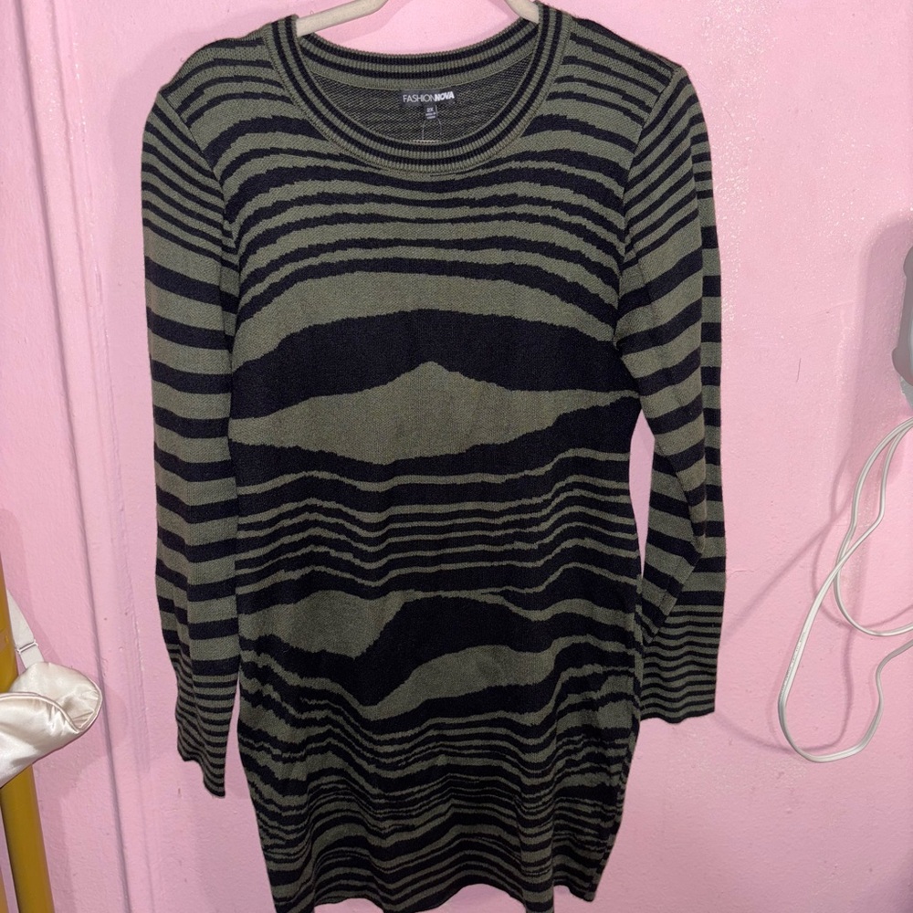 Black and Olive Striped Mini Sweater Dress